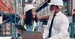 Happy team, engineer and planning on tablet in warehouse for distribution, shipping or stock. Conversation, people and factory supervisor with laptop for logistics, storage or inventory management