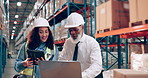 Team, engineer and planning on laptop in warehouse for distribution, shipping or stock. Conversation, happy people and factory supervisor with tablet for logistics, storage or inventory management