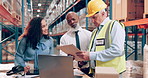 Team, engineer and people with documents in factory for distribution, shipping and discussion. Group, meeting and warehouse supervisor with paperwork for inspection, storage or inventory management