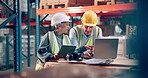 Team, engineer and planning on laptop in factory for stock, distribution or shipping. Conversation, mature people and warehouse supervisor with tablet for logistics, storage and inventory management