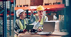 Team, engineer and planning on laptop in warehouse for distribution, shipping or pointing. Conversation, mature people or factory supervisor with tablet for logistics, storage or inventory management