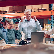 Team, success and laptop with distribution, teamwork and logistics in ...