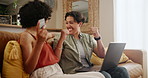 Happy, lesbian couple and laptop with credit card for payment, online shopping or purchase on sofa at home. Female person, LGBTQ or gay people smile on computer for ecommerce or success at house