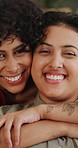 Woman, lesbian couple and hug for love, embrace or support in romance or bonding together at home. Portrait or face of gay female person, LGBTQ or people of pride with smile for relationship at house