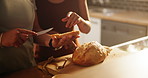 Woman, hands and lesbian couple with bread, butter or spread for meal, snack or wheat in kitchen at home. Closeup of female person, LGBTQ or gay people making food, breakfast or morning loaf on table