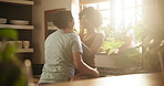 Couple, lgbtq and laughing for funny conversation, humor and silly joke in kitchen at home. Lesbians, people and love or bonding in connection, romance and care in partnership and support or happy