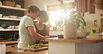 Woman, lesbian couple and cooking breakfast in kitchen with bread for meal, snack or wheat at home. Female person, LGBTQ or gay people making food for morning or natural nutrition on table at house