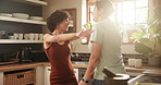 Home, dancing and lesbian couple with love, support and happiness with lens flare and bonding together. Apartment, women and queer people with romance and relationship with marriage or trust with joy