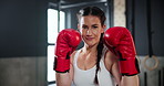 Woman, face and boxing with training, fitness and practice for a match and healthy with endurance. Challenge, person or boxer with workout or girl in wellness centre or progress with action or energy