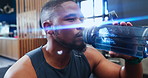 Black man, drinking water and bottle in gym for fitness, health and hydration with lens flare and wellness. Thirsty after workout, exercise and h2o liquid, training or sports with athlete at club