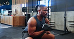 Black man, dumbbells for weightlifting and muscle in gym, thinking and power with challenge and lens flare. Exercise, fitness equipment and workout with athlete, sport and biceps from weight training