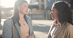 Morning, discussion and business women in city for planning, conversation and talking on commute. Corporate, team meeting and workers in urban town for journey, travel and networking outdoors