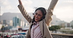 Happy, dance and woman in city with headphones, excited energy and streaming music in Cape Town. Lady, outdoor and girl with headset, listening to radio and relax with audio in morning with joy