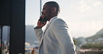 Black man, phone call and business in city for discussion, communication or outdoor networking. African businessman talking on mobile smartphone in suit for conversation or proposal in an urban town