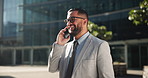 Happy, businessman and phone call in city for conversation, communication or outdoor networking. Man or employee walking with smile and talking on mobile smartphone in fashion, travel or discussion 