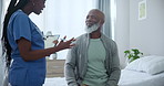 Senior care, black man and nurse with clipboard for health insurance, assessment or exam on bed. Paperwork, questions and mature person with caregiver in consultation for medical advice, test or help