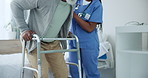 Senior, walker and nurse support with caregiver, help and physical therapy assistance in clinic. Healthcare, wellness and nursing care with elderly patient with rehabilitation of a man with walking