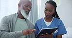 Healthcare specialist, looking at digital tablet with elderly patient and at medical clinic in hospital room. Physiotherapist holding modern device with bones fracture for osteopathy examination 