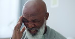 Black man, elderly with headache and pain at home, brain aneurysm and senior care with health and wellness, Disease, cancer and stress with sick patient, migraine for neurology and medical emergency