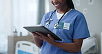 Black woman, nurse and tablet at clinic, health and medical schedule with database and check test results. Tech for healthcare, medicine information online and make appointment with telehealth