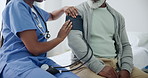 Blood pressure, hypertension and healthcare, caregiver and patient in retirement home for senior care and wellness. Medical exam, cardiology and people for homecare for health, nurse and consultation