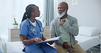 Senior care, nurse and black man with pain in throat for advice, healthcare and exam on bed. Clipboard, health and mature person with caregiver in consultation for medical assessment, support or help