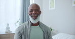 Black man, elderly and face, happy in nursing home and retirement with wellness, positive attitude or comedy. Senior care, pension and laughter in portrait, healthy with smile for joke or funny