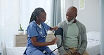 Senior care, nurse and black man with blood pressure exam for healthcare, checkup or test on bed. Hypertension, advice and mature person with caregiver with consultation, medical assessment or help.