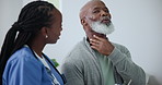 Healthcare, nurse and mature black man with throat pain, advice and exam in hospital. Senior care, emergency and old person with caregiver in consultation for medical assessment, support or help.