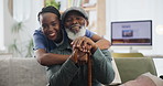 Face, hug and caregiver with senior man on sofa for bonding, support or progress pride in nursing home with walking stick. Portrait, happy and nurse embrace old patient with a disability in a lounge