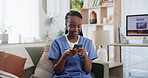 Nurse, internet or cellphone on sofa in nursing home, connectivity or browse or post on social media. Woman, hands or mobile app for healthcare, medical or wellness app for typing in online research