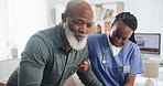 Healthcare, helping and nurse with senior man stand up from sofa in living room at retirement home. Medical, assistance and caregiver walking with elderly African male person at nursing facility.