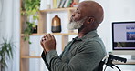 Man, wheelchair and thinking with memory in home or retirement reflection, rehabilitation or perspective. Black person with a disability, hands and mobility aid or remember thoughts, nostalgia or sad