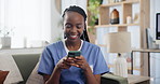 Happy, nurse or smartphone on sofa in nursing home, connectivity or browse internet or social media. Woman, smile or mobile app for healthcare, medical or wellness app for text message in living room