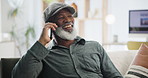 Senior man, phone call and happy for communication at nursing home, laughing and silly or goofy joke. Black elderly person, contact and mobile app for funny conversation, smile and relaxing on couch