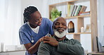 Black nurse, woman and mature man for healthcare with support, wellness and trust at clinic to examine with checkup. Consultation, patient and hospital to assess for pain, recovery and health 