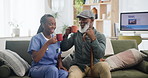 Caregiver, coffee or cheers with elderly man in nursing home, thank you or happy morning for relax. Black people, nurse or senior patient in retirement as friends, trust in community or smile for tea