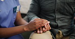 Doctor, senior man or hands of empathy at hospital for support, understanding and compassion closeup. Sorry, zoom and nurse with elderly male patient at clinic with comfort, console or recovery hope