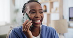 Nurse, phone call and happy on smartphone in nursing home, talking and laughing for funny joke in living room. Black woman, caregiver or cellphone for healthcare discussion, medical or wellness chat