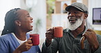 Nurse, tea or cheers with elderly man in nursing home, laugh or happy in morning for comedy. Black people, caregiver or senior patient in retirement as friends, joke or coffee with assisted living