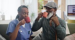 Nurse, coffee or cheers with elderly man in nursing home, thank you or happy morning for relax. Black people, caregiver or senior patient in retirement as friends, trust in community or smile for tea