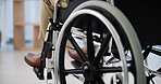 Man, closeup and home for moving wheelchair, learning or transport, accident and healthy. Person with disability, ergonomics for comfort  or push for progress, recovery from injury and rehabilitation