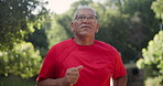 Fitness, health and senior man in a park for running, training or morning cardio outdoor. Energy, wellness and elderly male runner in nature for body workout, exercise or sports club performance