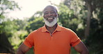 Happy, nature and face of senior man in outdoor park or field for fresh air with exercise. Smile, fitness and portrait of elderly African male person with positive attitude for workout in garden.