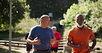 Sports, nature and senior men running in outdoor park for race, competition or marathon training. Fitness, exercise and group of elderly male people with cardio workout in field or garden for health.