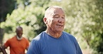 Running, friends and senior men in park for exercise, marathon training and workout for health. Retirement, fitness and mature people outdoors for wellness, cardio and active in nature together