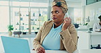 Laptop, business and planning black woman, typing or problem solving for vision in startup office. Computer, thinking and creative professional writer with inspiration, decision or brainstorming idea
