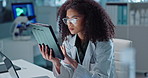 Scientist, woman and tablet for laboratory research, DNA analysis and results in medical study at night. Young science expert or African person in biotechnology, scroll or reading on digital software