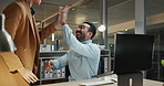 Computer, high five and applause with business people in office together for collaboration or success. Teamwork, achievement or celebration with man and woman clapping for goals in workplace at night