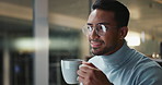 Businessman, night and glasses for planning and coffee, reading report and working overtime on startup. Asian male person, plan and research on internet, website and computer reflection for deadline